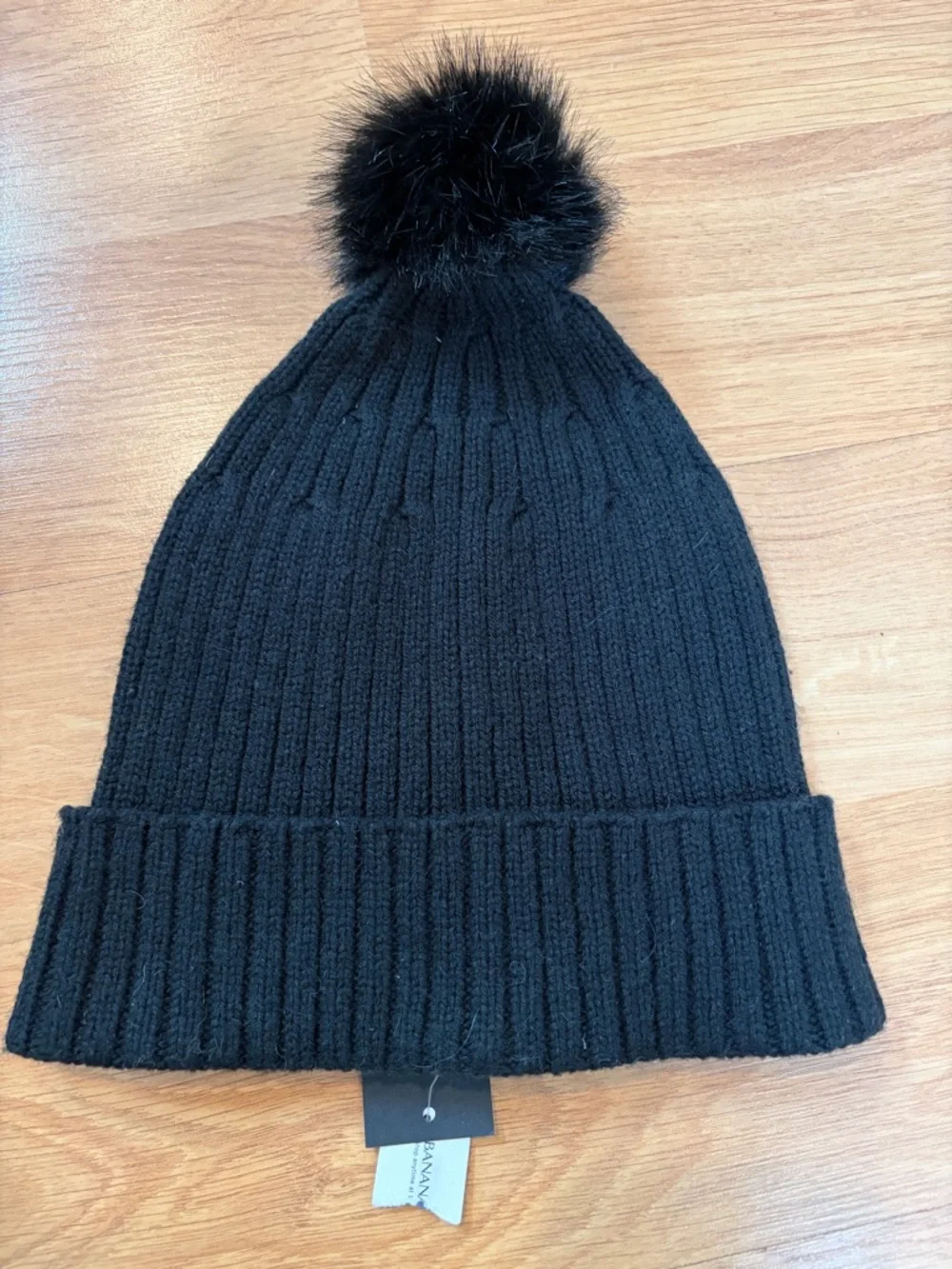 Banana Republic Black Wool Blend Rib Faux Fur Pom Hat